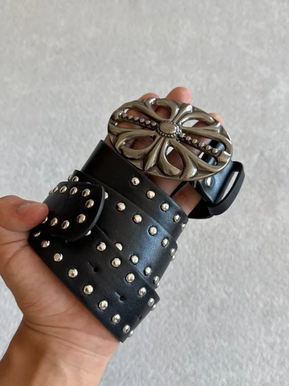 Black Studded Filigree Cross Belt
